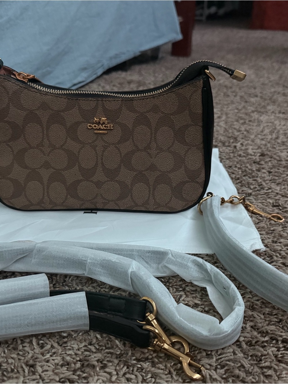 Coach Brown Teri handbag Signature Canvas Mini Shoulder Bag with Gold Hardware